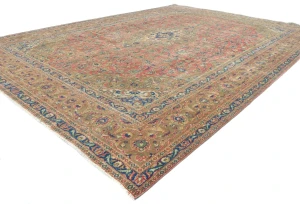 Semi Antique Muted Red Floral 9'6X12'7 Distressed Vintage Oriental Rug