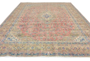 Semi Antique Muted Red Floral 9'6X12'7 Distressed Vintage Oriental Rug