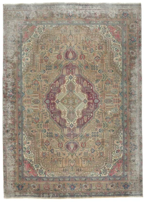 Semi Antique Muted Khaki Floral 9X12 Distressed Vintage Oriental Rug