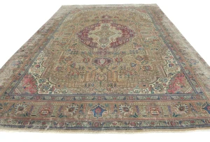 Semi Antique Muted Khaki Floral 9X12 Distressed Vintage Oriental Rug