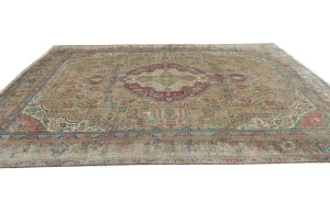 Semi Antique Muted Khaki Floral 9X12 Distressed Vintage Oriental Rug