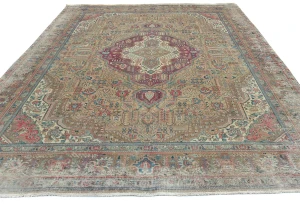 Semi Antique Muted Khaki Floral 9X12 Distressed Vintage Oriental Rug