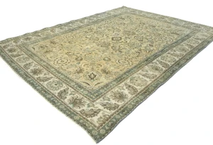 Semi Antique Muted Beige Floral 8X11 Distressed Vintage Oriental Rug