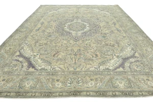 Semi Antique Muted Beige Floral 10X13 Distressed Vintage Oriental Rug