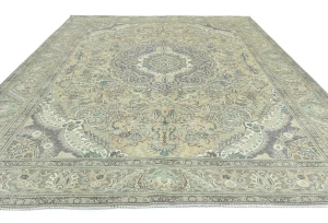 Semi Antique Muted Beige Floral 10X13 Distressed Vintage Oriental Rug
