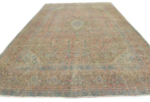 Semi Antique Muted Red Floral 9X12 Distressed Vintage Oriental Rug