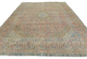 Semi Antique Muted Red Floral 9X12 Distressed Vintage Oriental Rug