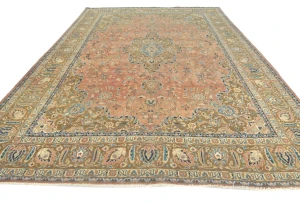 Semi Antique Muted Coral Floral 10X13 Distressed Vintage Oriental Rug