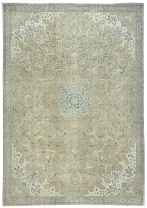 Semi Antique Muted Khaki Floral 7X10 Distressed Vintage Oriental Rug