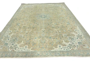 Semi Antique Muted Khaki Floral 7X10 Distressed Vintage Oriental Rug