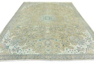 Semi Antique Muted Khaki Floral 7X10 Distressed Vintage Oriental Rug