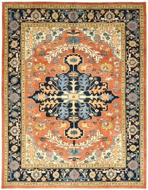 Navy Geometric Tribal 9X12 Heriz Serapi Oriental Rug