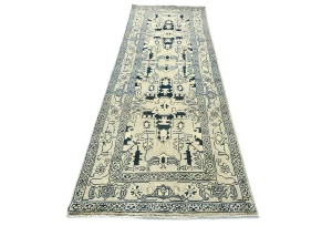 Greige Geometric 3X8 Heriz Serapi Oriental Runner Rug