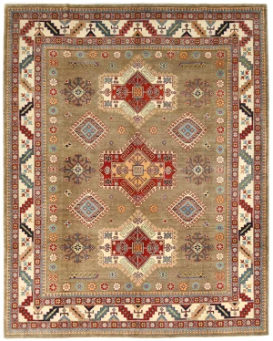 Muted Khaki Tribal Geometric 8X10 Kazak Pakistan Oriental Rug