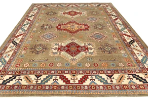 Muted Khaki Tribal Geometric 8X10 Kazak Pakistan Oriental Rug