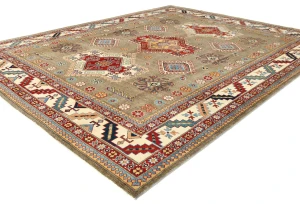 Muted Khaki Tribal Geometric 8X10 Kazak Pakistan Oriental Rug