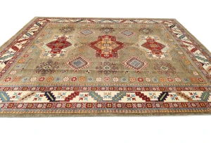 Muted Khaki Tribal Geometric 8X10 Kazak Pakistan Oriental Rug