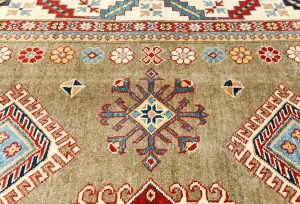 Muted Khaki Tribal Geometric 8X10 Kazak Pakistan Oriental Rug
