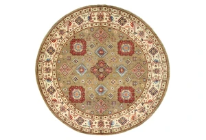Khaki Geometric Tribal 9X9 Kazak Oriental Round Rug