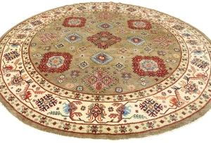 Khaki Geometric Tribal 9X9 Kazak Oriental Round Rug