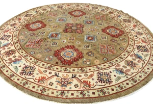 Khaki Geometric Tribal 9X9 Kazak Oriental Round Rug