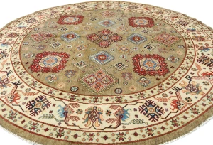 Khaki Geometric Tribal 9X9 Kazak Oriental Round Rug