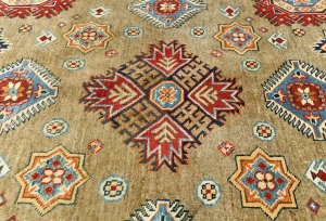 Khaki Geometric Tribal 9X9 Kazak Oriental Round Rug