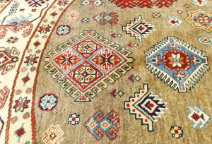Khaki Geometric Tribal 9X9 Kazak Oriental Round Rug