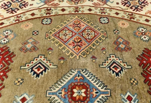 Khaki Geometric Tribal 9X9 Kazak Oriental Round Rug