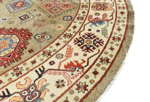 Khaki Geometric Tribal 9X9 Kazak Oriental Round Rug