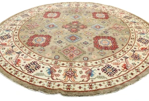 Khaki Geometric Tribal 9X9 Kazak Oriental Round Rug