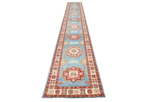 Blue Tribal Geometric 3X16 Kazak Oriental Runner Rug