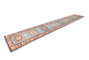 Blue Tribal Geometric 3X16 Kazak Oriental Runner Rug