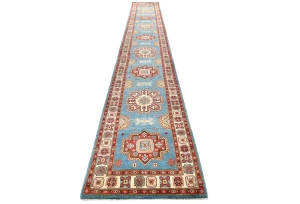 Blue Tribal Geometric 3X16 Kazak Oriental Runner Rug