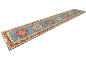 Blue Tribal Geometric 3X14 Kazak Oriental Runner Rug