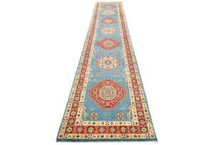 Blue Tribal Geometric 3X14 Kazak Oriental Runner Rug