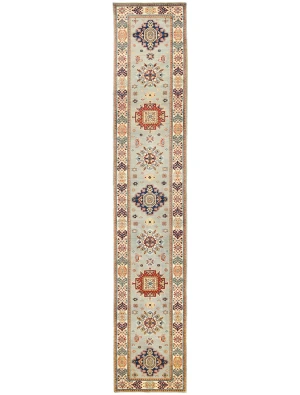 Light Gray Tribal Geometric 3X16 Kazak Oriental Runner Rug