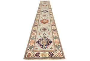 Light Gray Tribal Geometric 3X16 Kazak Oriental Runner Rug