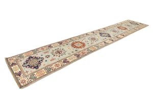 Light Gray Tribal Geometric 3X16 Kazak Oriental Runner Rug