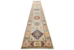 Light Gray Tribal Geometric 3X16 Kazak Oriental Runner Rug