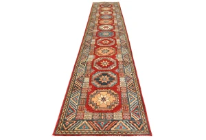 Red Geometric 2'8X13'5 Kazak Oriental Runner Rug