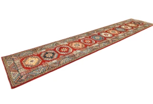 Red Geometric 2'8X13'5 Kazak Oriental Runner Rug