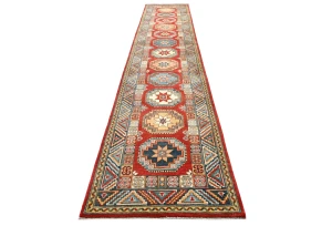 Red Geometric 2'8X13'5 Kazak Oriental Runner Rug