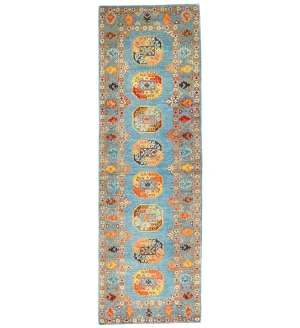 Blue Tribal Geometric 3X9 Turkoman-Kazak Oriental Runner Rug