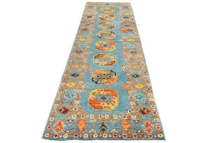 Blue Tribal Geometric 3X9 Turkoman-Kazak Oriental Runner Rug