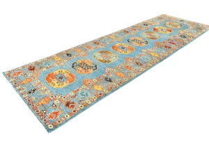 Blue Tribal Geometric 3X9 Turkoman-Kazak Oriental Runner Rug