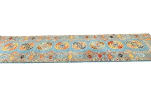 Blue Tribal Geometric 3X9 Turkoman-Kazak Oriental Runner Rug