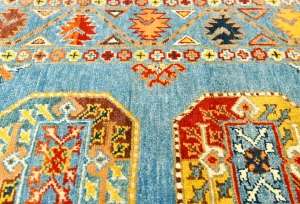Blue Tribal Geometric 3X9 Turkoman-Kazak Oriental Runner Rug