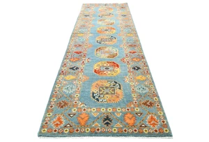 Blue Tribal Geometric 3X9 Turkoman-Kazak Oriental Runner Rug