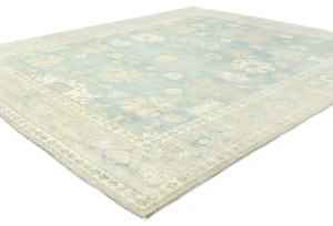 Muted Blue Floral 8X10 Oushak Distressed Oriental Rug